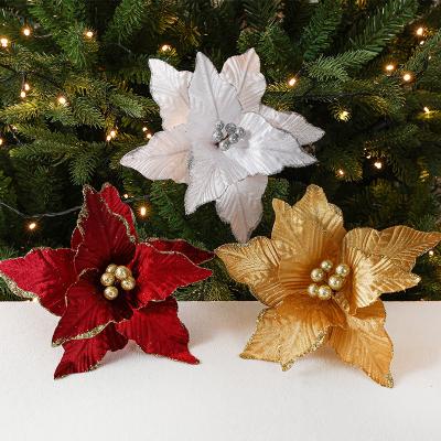 China Environmental Friendly Xmas Decoracion Artificial Christmas Flower Navidad Fabric Magnolia Flowers Stem With Glitter Artificial Christmas Flower for sale