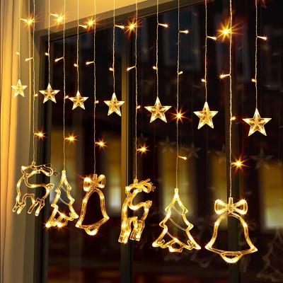 China Elk Bell LED Christmas Ornaments Curtain Lights 138 LED Star Jingle Bell Elk Xmas Tree Window Lights Fairy Curtain String Lights for sale