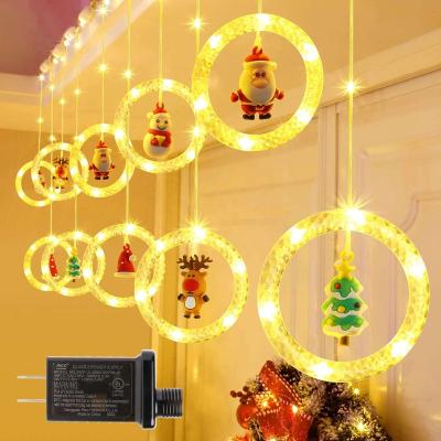 China LED Ring Curtain Lights Window Ring String Lights with Ornament Toys Christmas Hanging Fairy Lights Backdrop for sale