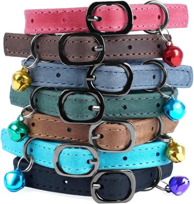 China Small Stocked Kitten Collars Black Brown Pink Pet Leather Cat Collar With Bell Adjustable Blue Collar for sale