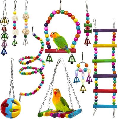 China Viable Wooden Parrot Toy Stairs Bells Time Killing Interactive Pet Toy Bird Toy for sale