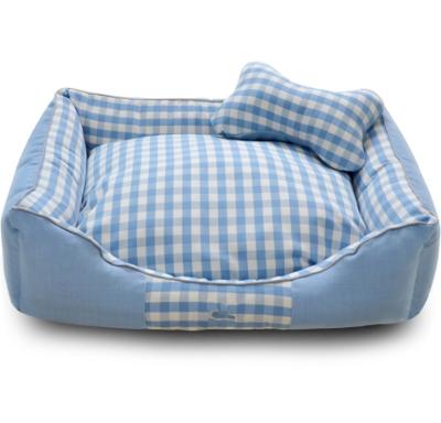 China Small MOQ Breathable Customized 100% Soft Grid Style Dog Bed Blue Soft Cotton Pet Bed Mat for sale