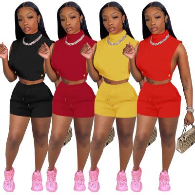 China 2022 Spring New Arrivals Breathable Turtle Custom Logo 2pc Neck Short Sets Hollow Out 2 Pieces Set Women Sleeveless Summer Two Piece Sets for sale