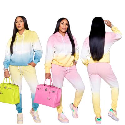 China 2021 Wholesale Ladies Breathable Sportswear Gradient Long Sleeve Test Suit 2 Piece Equipment Joggers Hoodies Set For Women for sale