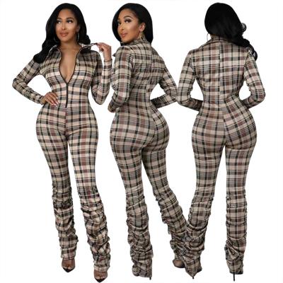 China Custom QUICK DRY Deep V-Neck Women's Lattice Printing Jumpsuits Playsuits Zipper Jumpsuits Custom Made For Ladies for sale