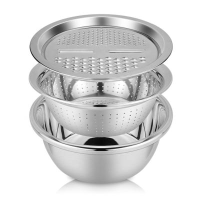 China New Fashion Multifunctional Wire Bowler Set Stainless Steel Three Piece Basket Sieve Salad Bowl for sale