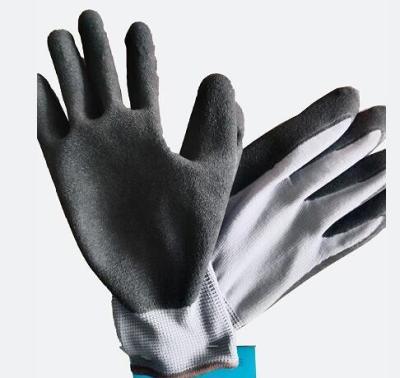 China Anti-Slip Dipping Safety Gloves 13 Gauge Grey Nylon Liner Doubled Black Sandy Nitrile Glove for sale