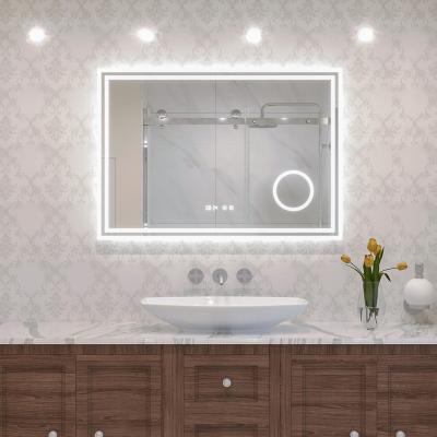 China Touch Two Switch Time Display Demister Heating Magnifying Head Mirror With Bezel LED Strip Ambient Lighting for sale