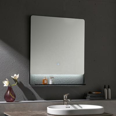 China 5mm LED Lighting Bright Silver Glass Backlit Mirror With Black Frame And Shelf for sale