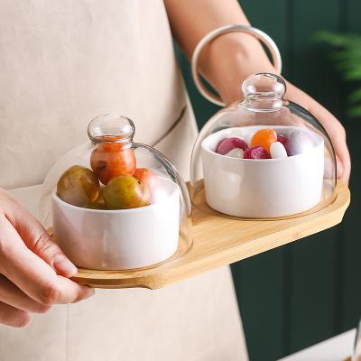 China Sustainable Hot Sale Serving Bowl with Wooden Tray and Dome Glass Cover for Fruit Snack Ceramic Dessert Bowl for sale