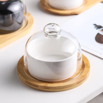 China CLASSIC Hot Sale Serving Bowl with Wooden Tray and Dome Glass Cover for Fruit Snack Ceramic Dessert Bowl for sale