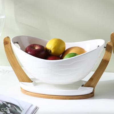 China Sustainable European Creative Ceramic Candy vegetable fruit Dish Basket with bamboo shelf Tableware for sale