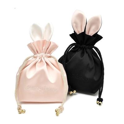 China Chinese Silk Embroidery Drawstring Pouch Jewelry Packaging Rose Logo Plush Rabbit Tail Suction String Bag Custom Gift for sale