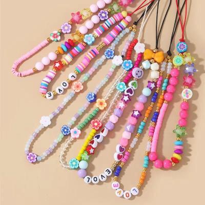 China Wholesale Resin/New Plastic/Acrylic Mobile Phone Strap Smiley Face Chain Colorful Polymer Clay Heart Bead Phone Chain For Women Summer Jewelry for sale