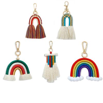 China Bohemia Handmade Boho Rainbow Bag Pendant Weaving Multicolor Tassel Key Holder Keyring Macrame Bag Charm Lighter Keychain for sale