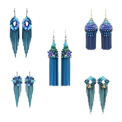 China Bohemia Luxury Tassel Fringe Colorful Long Chain Earrings Crystal Beads Statement Dangle Earrings for sale