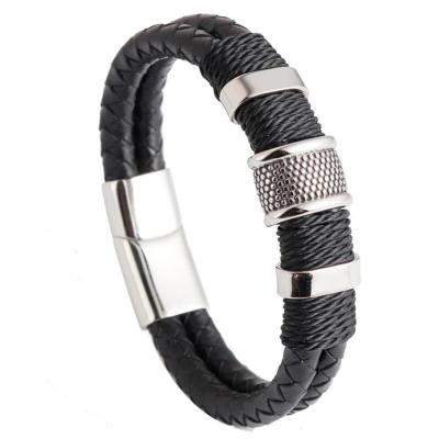 China CLASSIC Punk Genuine Leather Men's Bracelet With Magnetic Hand Jewelry Stainless Steel Clasp Bracelets Multilayer Leather Men for sale