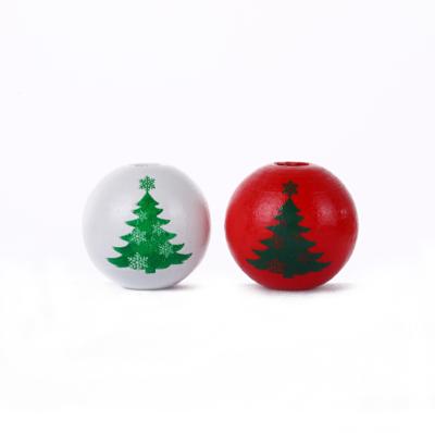 China DIY 16mm Lotus Beads Kids Christmas Plaid Snow Tree Wooden Beads Hanging Ornaments Decorated Christmas Wooden Bauble for sale