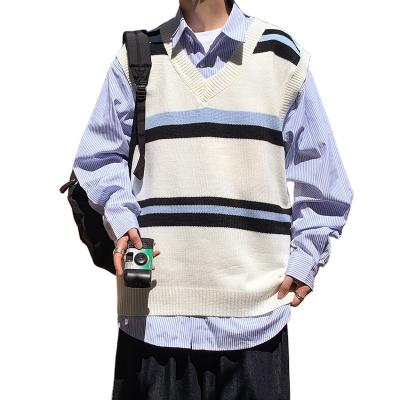 China V-Neck Stripe Cardigan Sweater Vest Men's Spring And Autumn Hong Kong Style Knitted Vest Loose And Soft Korean Style Vest for sale