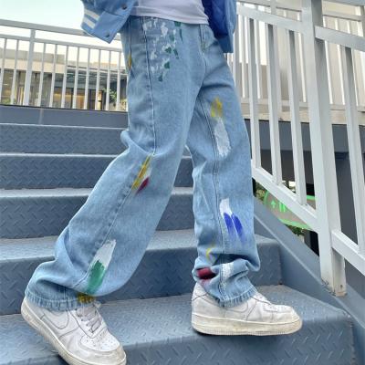 China New Breathable American High Street Tube Splatter Graffiti Straight Jeans Washed Loose Wide Leg Floor Pants Displacement Men's Fashion for sale