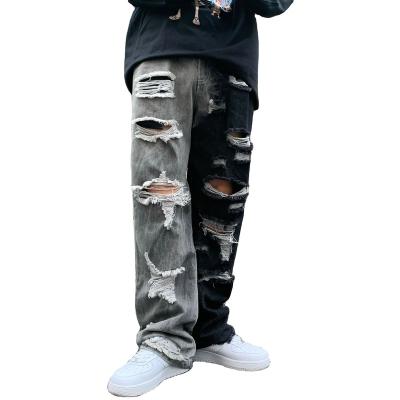 China Breathable High Street Wash Hole Breaking Knife Cut Denim Pants Men's Hip Hop Splicing Low Rise Casual Straight Pants for sale