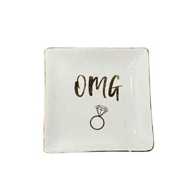 China Beautiful gold smooth rim square ceramic ring dish/OH MY GOD diamond ring wedding dish for jewelry/dessert trinket dish for sale