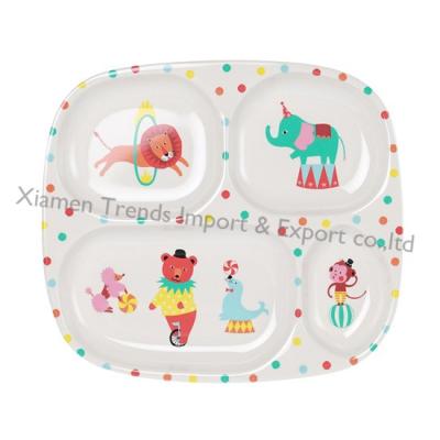 China Novelty 9.8inch Kids Encouraged To Eat And Enjoy Cute Melamine Circus 4 Compartment Kids Divided Dish for sale