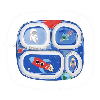 China Food Grade Funny Blue Universe Space Astronaut Rockets Printed Melamine Kids 4 Divided Plate for sale