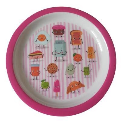 China Art Decor 8.5 Inch Round Pink Melamine Decal Cartoon Kids Snacks Dish for sale