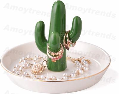 China Beautiful Smooth Valentine Gift Decorative Gold Plated Ceramic Cactus Jewelry Dish Tray For Necklace Display for sale