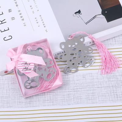 China Cute Stainless Steel Bear Design Wedding Bookmark Favors with Tassel and Gift Box Creative Baby Shower Souvenirs Student Bear Bookmarks for sale