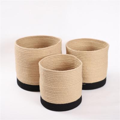 China Sustainable Storage Basket Natural Jute Rope And Black Cotton Rope Storage Basket For Home Decoration for sale