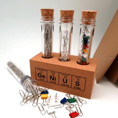 China Test tube plug stationery promotion PET test tube plug stationery with cork and paperclip inside for sale