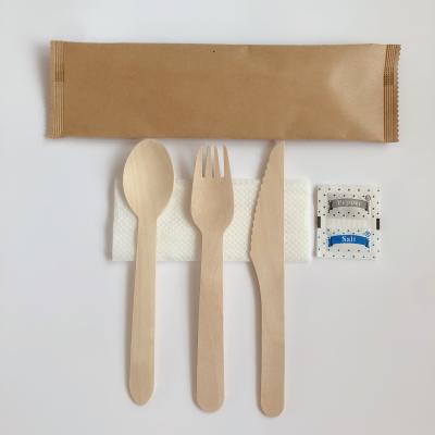 China Disposable Disposable Spoon Knife Fork Paper Wrapped Wooden Cutlery Set Wooden Cutlery Kit for sale