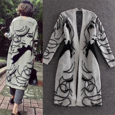 China QUICK DRY mid length women European and American loose thick sleeve sweater cardigan big abstract bat pattern coat for sale