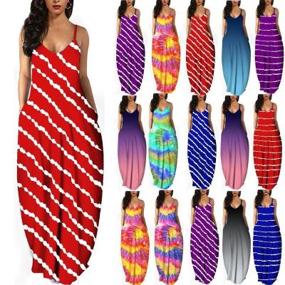 China Cheap Casual Anti-Static 100% Cotton Tie Dye Stripe Dress Women Maxi Dress With Pockets Spaghetti Tie Long Dresses for sale