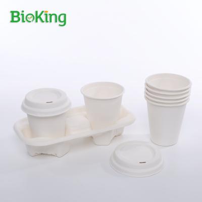 China Oil repellent; Water Repellent Disposable Biodegradable Pulp 12oz 350ml Logo Layer Packing Color Printing Custom White BioKing Coffee Mug Bagasse With Tray for sale