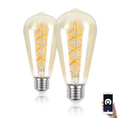 China Residential 400lm 5W 2700K-6500K White Amber Glass Alexa Google Assistant Supported APP Control Dimmable Retro ST64 E27 Led Filament Light Bulbs for sale