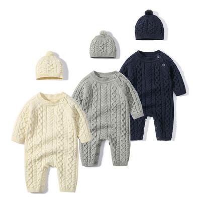 China Baby Boy Baby Clothing Sets Custom Baby Winter Jumpsuit 100% Cotton Cable Knit Newborn Baby Rompers Sweaters Sets With Hats for sale