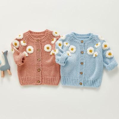 China Autumn Baby Anti-Shrink Hand Embroidered Flower Daisy Flower Baby Long Sleeved Top Children's Cardigan Sweater Girls for sale