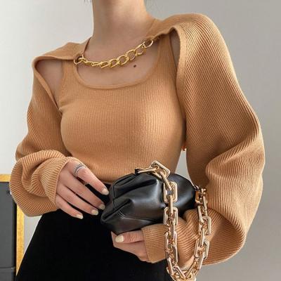 China Anti-wrinkle 2023 custom hot ladies knitted sweaters set womens wool knit bolero sweater crop tops set wholesale for sale