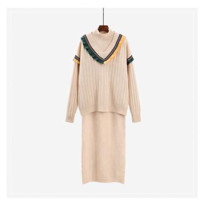 China Anti-Static Custom Logo Set Woman En Knits Sweater Dress Vintage Dresses Knitwear Two Piece Sweater Sets for sale