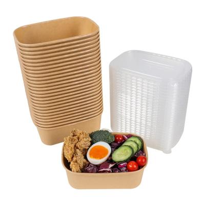 China Biodegradable Disposable White Soup Salad Rice Rectangular Brown Kraft Paper Water Coated Paper Plate And Bowl for sale