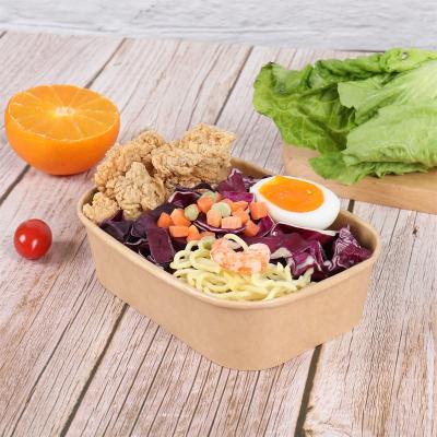 China Biodegradable Customize Logo Disposable Kraft Paper Food Container Rectangular Food Box Kraft Paper Bowl With PP PET Paper Lid for sale