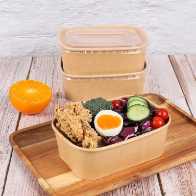 China 500ml 750ml 1000ml Round Biodegradable Disposable Oval Rectangular Kraft Paper Fruit Bowl Salad Packing Push Bowl Container with Lid for sale