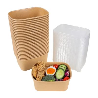 China Hot selling biodegradable disposable paper bowl rectangle shape disposable paper salad bowl with PP lid for sale