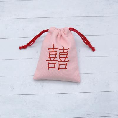 China Jewelry packing mini red-pink logo printed jewelry bag canvas drawstring pouch wedding gift pouch wholesale for sale