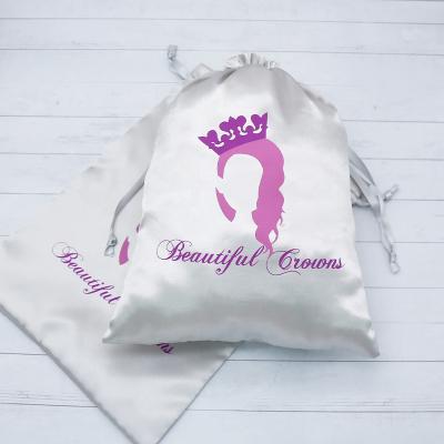 China Luxury Drawstring Satin Wig Bag Envelope Custom Logo Silver Large Hair Packaging Pouch for sale