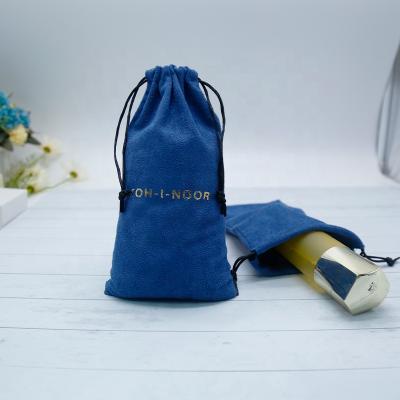 China Custom Navy Blue Logo Bag Gift Pouch Dust Gold Hot Stamping Suede Drawstring Pouch for sale