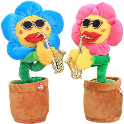 China Wholesale Cotton Spot Sunflower Enchanting Flowers Singing Study To Speak 120 Songs Playing Saxophone Flowers Plush Electric Toys for sale